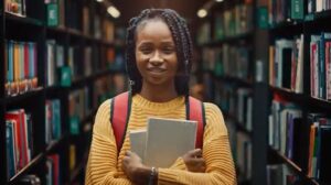 young woman in library