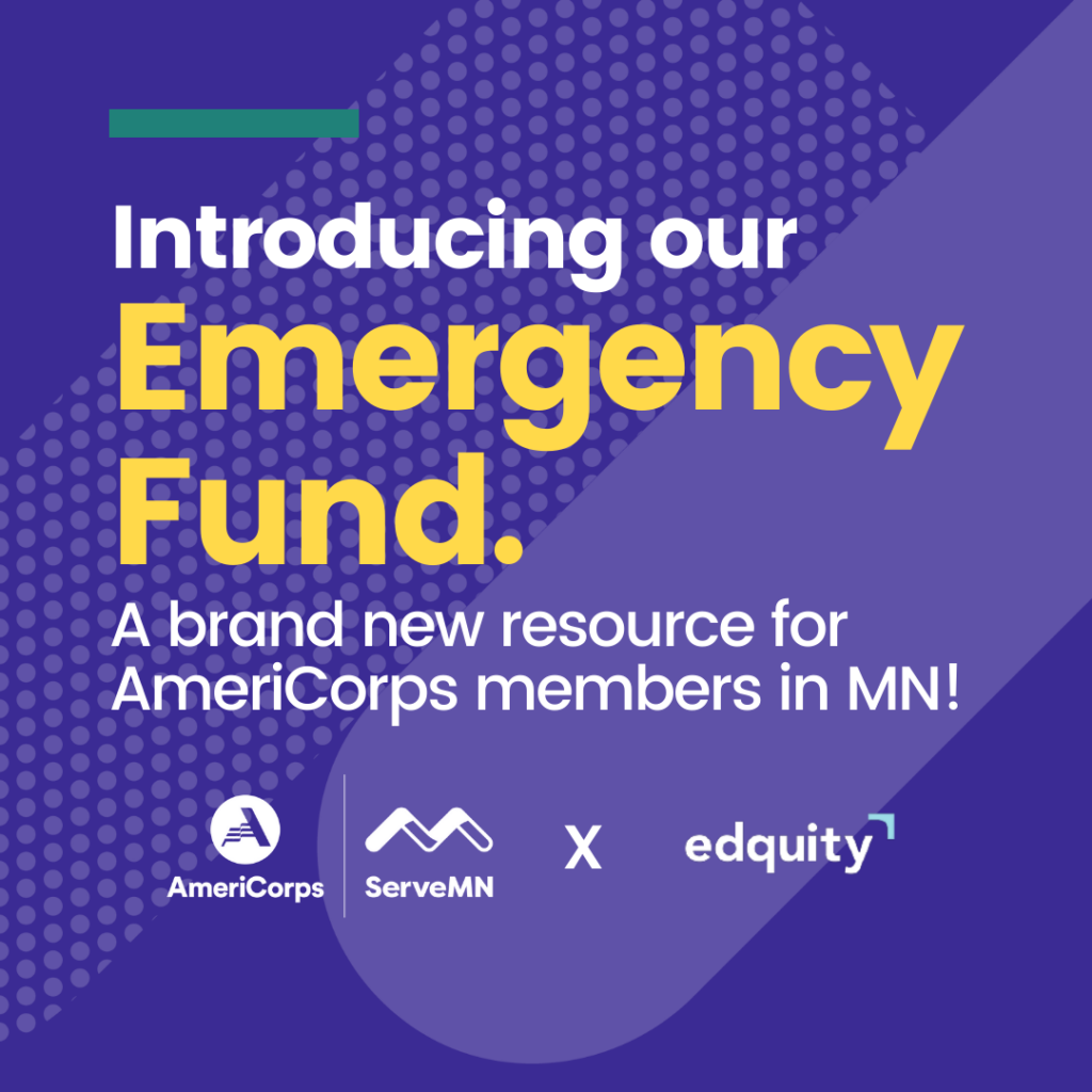 White and yellow text on purple background reads introducing our emergency fund.
