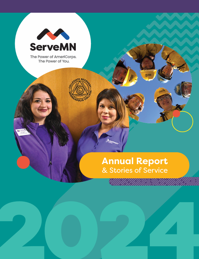 Teal background with the year 2024. Words read Annual Report and Stories of Service. photos show AmeriCorps members.